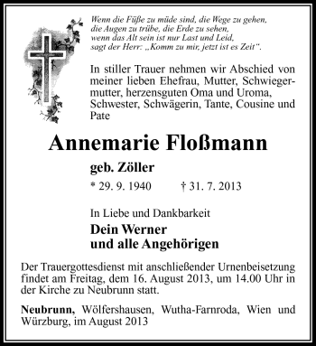 Traueranzeige von Annemarie Floßmann von Südthüringer Presse