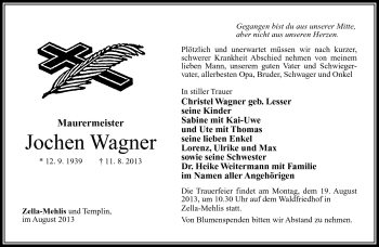 Traueranzeige von Jochen Wagner von Südthüringer Presse