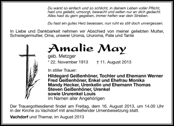 Traueranzeige von Amalie May von Südthüringer Presse