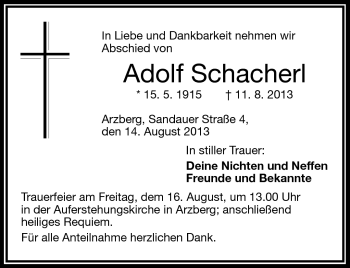 Traueranzeige von Adolf Schacherl von Frankenpost