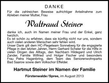 Traueranzeige von Waltraud Steiner von Südthüringer Presse