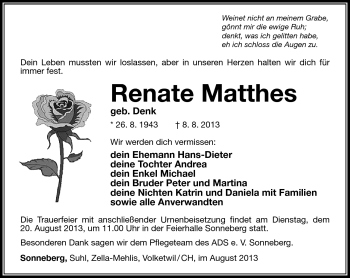 Traueranzeige von Renate Matthes von Südthüringer Presse