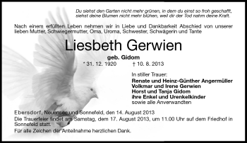 Traueranzeige von Liesbeth Gerwien von Neue Presse Coburg