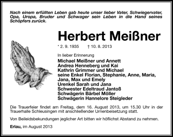Traueranzeige von Herbert Meißner von Südthüringer Presse