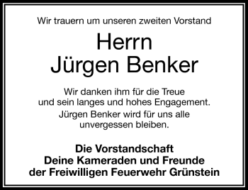 Traueranzeige von Jürgen Benker von Frankenpost