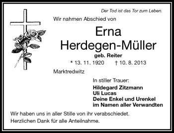 Traueranzeige von Erna Herdegen-Müller von Frankenpost