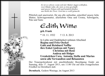 Traueranzeige von Edith Witte von Südthüringer Presse