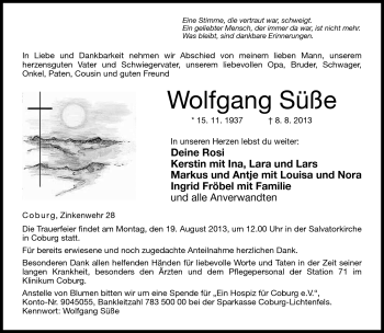 Traueranzeige von Wolfgang Süße von Neue Presse Coburg