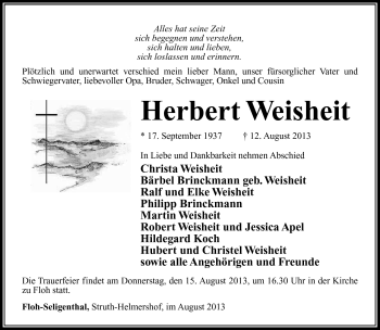 Traueranzeige von Herbert Weisheit von Südthüringer Presse