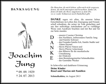 Traueranzeige von Joachim Jung von Südthüringer Presse