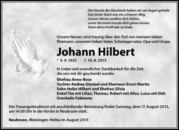 Traueranzeige von Johann Hilbert von Südthüringer Presse