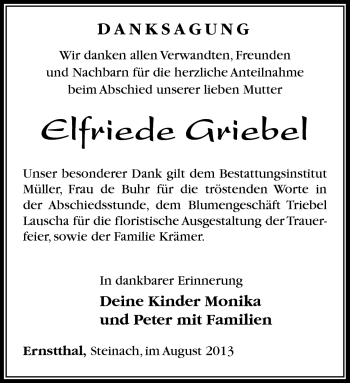 Traueranzeige von Elfriede Griebel von Südthüringer Presse