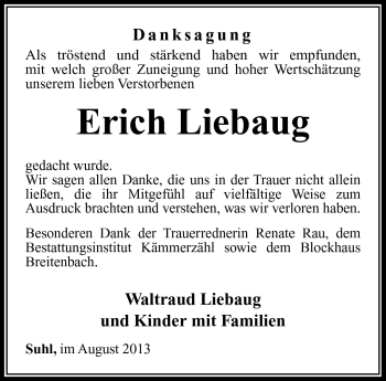 Traueranzeige von Erich Liebaug von Südthüringer Presse
