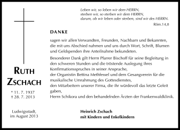 Traueranzeige von Ruth Zschach von Neue Presse Coburg