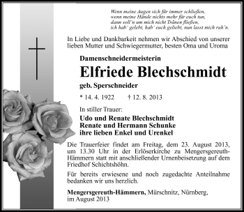 Traueranzeige von Elfriede Blechschmidt von Südthüringer Presse