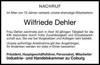 Traueranzeige von Wilfriede Dehler von Neue Presse Coburg