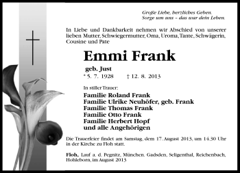Traueranzeige von Emmi Frank von Südthüringer Presse