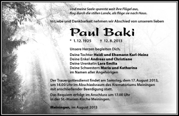 Traueranzeige von Paul Baki von Südthüringer Presse