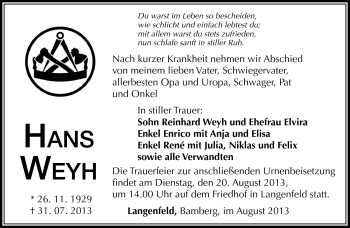 Traueranzeige von Hans Weyh von Südthüringer Presse