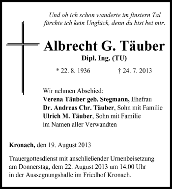 Traueranzeige von Albrecht Täuber von Neue Presse Coburg