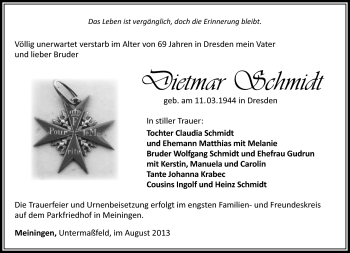 Traueranzeige von Dietmar Schmidt von Südthüringer Presse