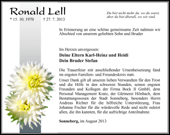 Traueranzeige von Ronald Lell von Südthüringer Presse