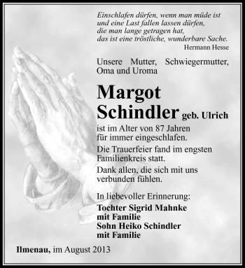 Traueranzeige von Margot Schindler von Südthüringer Presse