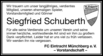 Traueranzeige von Siegfried Schuberth von Frankenpost