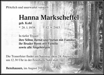 Traueranzeige von Hanna Markscheffel von Südthüringer Presse