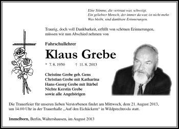 Traueranzeige von Klaus Grebe von Südthüringer Presse