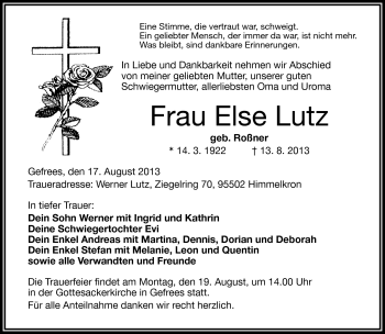 Traueranzeige von Else Lutz von Frankenpost
