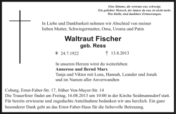 Traueranzeige von Waltraut Fischer von Neue Presse Coburg