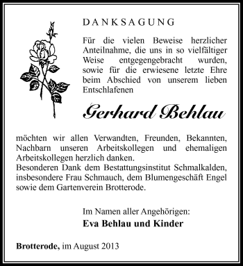Traueranzeige von Gerhard Behlau von Südthüringer Presse