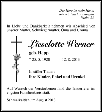 Traueranzeige von Lieselotte Werner von Südthüringer Presse