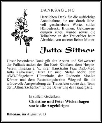 Traueranzeige von Jutta Sittner von Südthüringer Presse