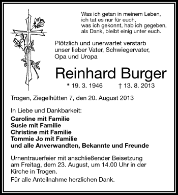 Traueranzeige von Reinhard Burger von Frankenpost
