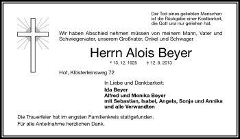 Traueranzeige von Alois Beyer von Frankenpost