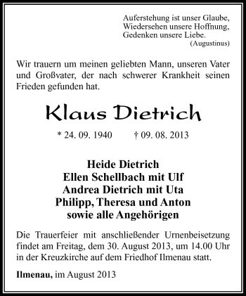 Traueranzeige von Klaus Dietrich von Südthüringer Presse