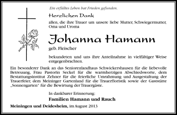 Traueranzeige von Johanna Hamann von Südthüringer Presse