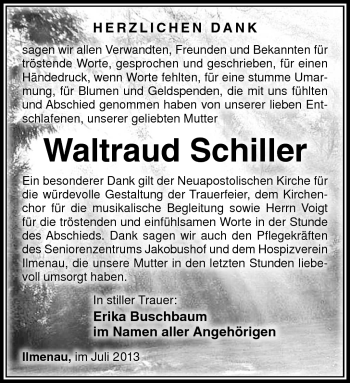 Traueranzeige von Waltraud Schiller von Südthüringer Presse
