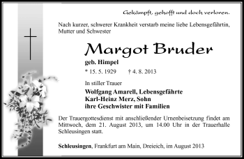 Traueranzeige von Margot Bruder von Südthüringer Presse