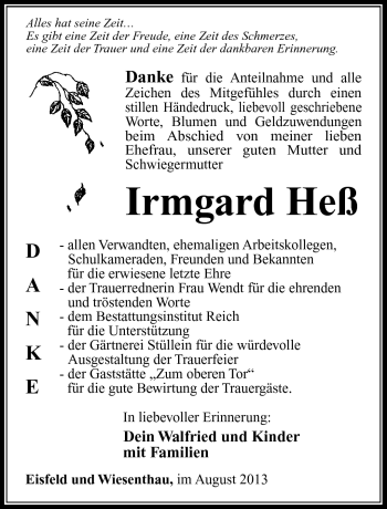 Traueranzeige von Irmgard Heß von Südthüringer Presse