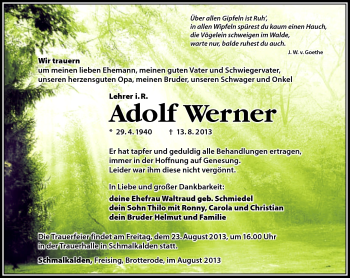 Traueranzeige von Adolf Werner von Südthüringer Presse