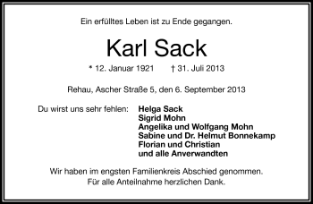 Traueranzeige von Karl Sack von Frankenpost
