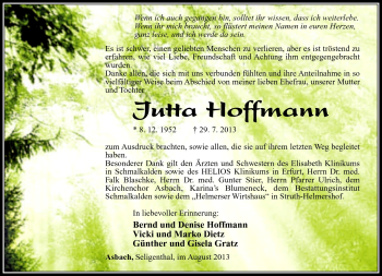 Traueranzeige von Jutta Hoffmann von Südthüringer Presse