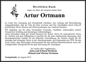 Traueranzeige von Artur Ortmann von Südthüringer Presse