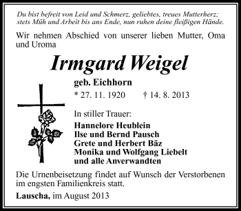 Traueranzeige von irmgard Weigel von Südthüringer Presse