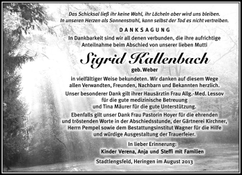 Traueranzeige von Sigrid Kallenbach von Südthüringer Presse