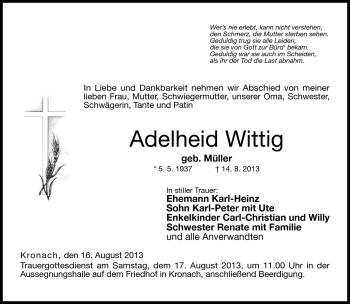 Traueranzeige von Adelheid Wittig von Neue Presse Coburg
