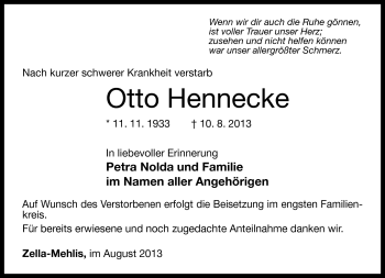 Traueranzeige von Otto Hennecke von Südthüringer Presse